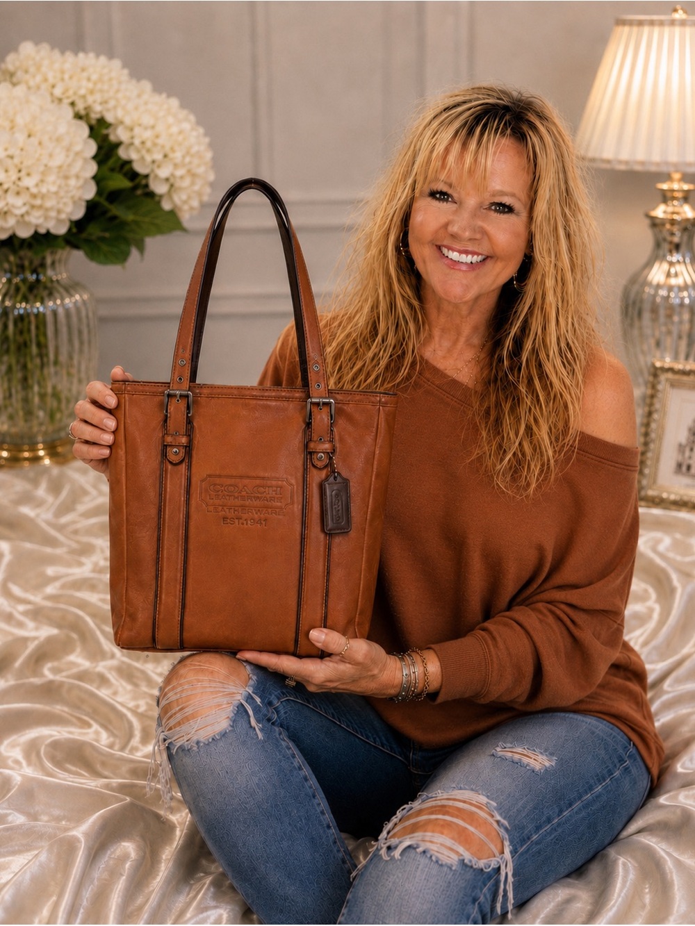 Coach Leather Tote in Cognac Brown with Dark Trim
